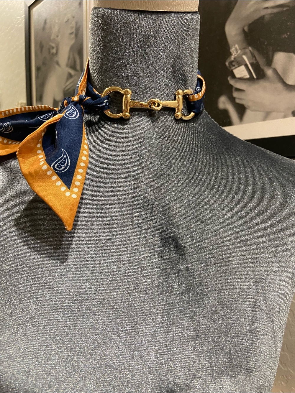 Gold Horsebit Choker Scarf Necklace in Navy & Mustard